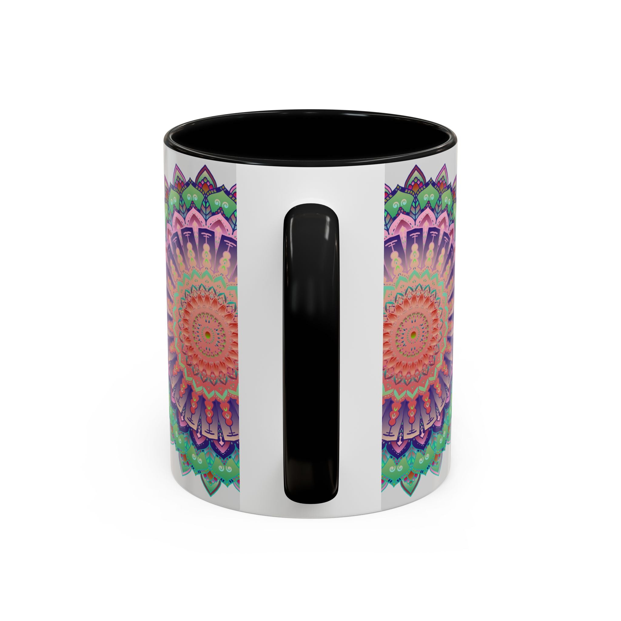 Beautiful handcrafted ceramic mug featuring a vibrant mandala floral design