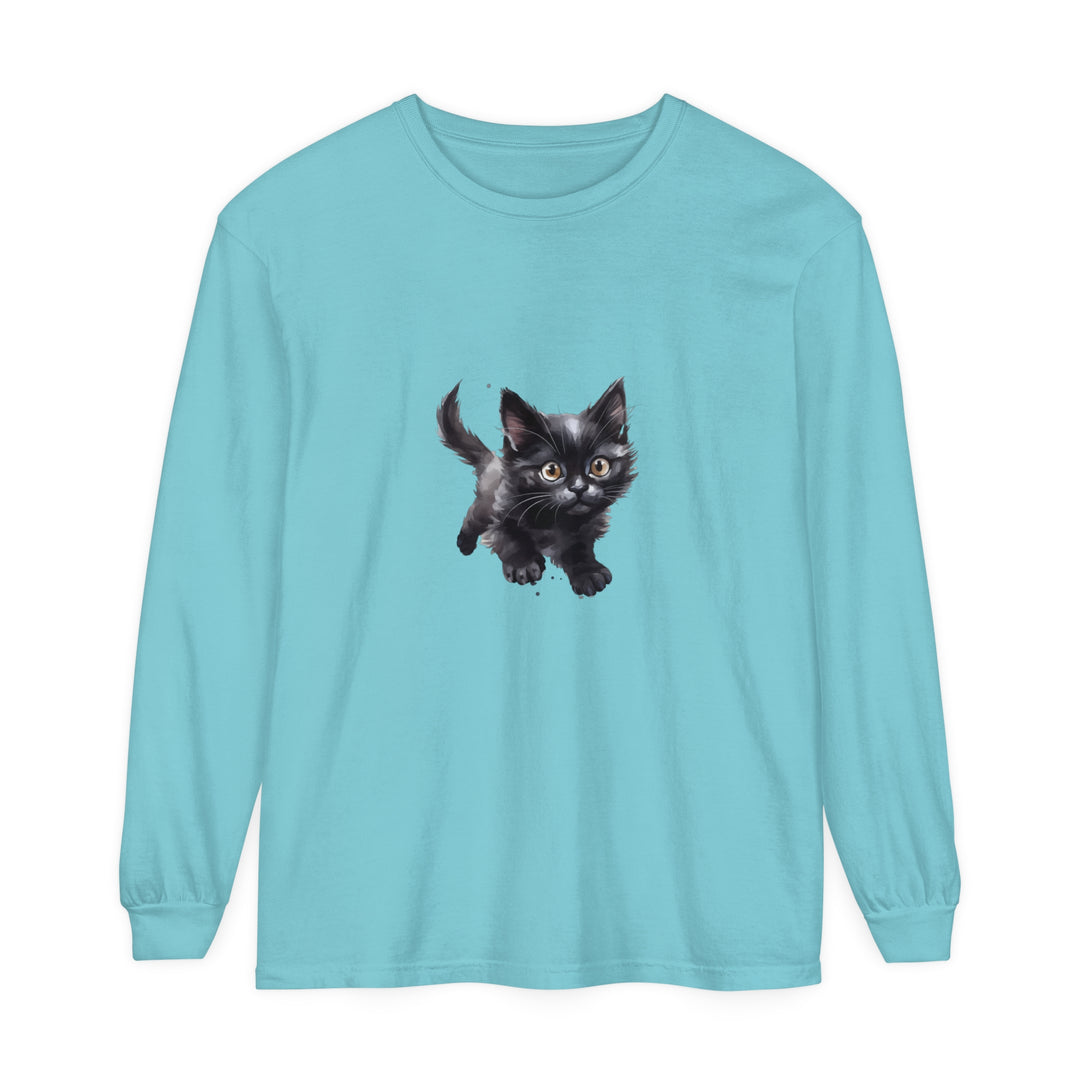 A colorful watercolor illustration of a playful kitten printed on a high-quality t-shirt