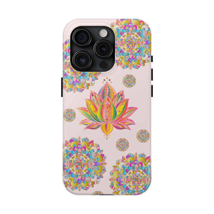 Beautiful light pink phone case featuring intricate lotus flower mandala design