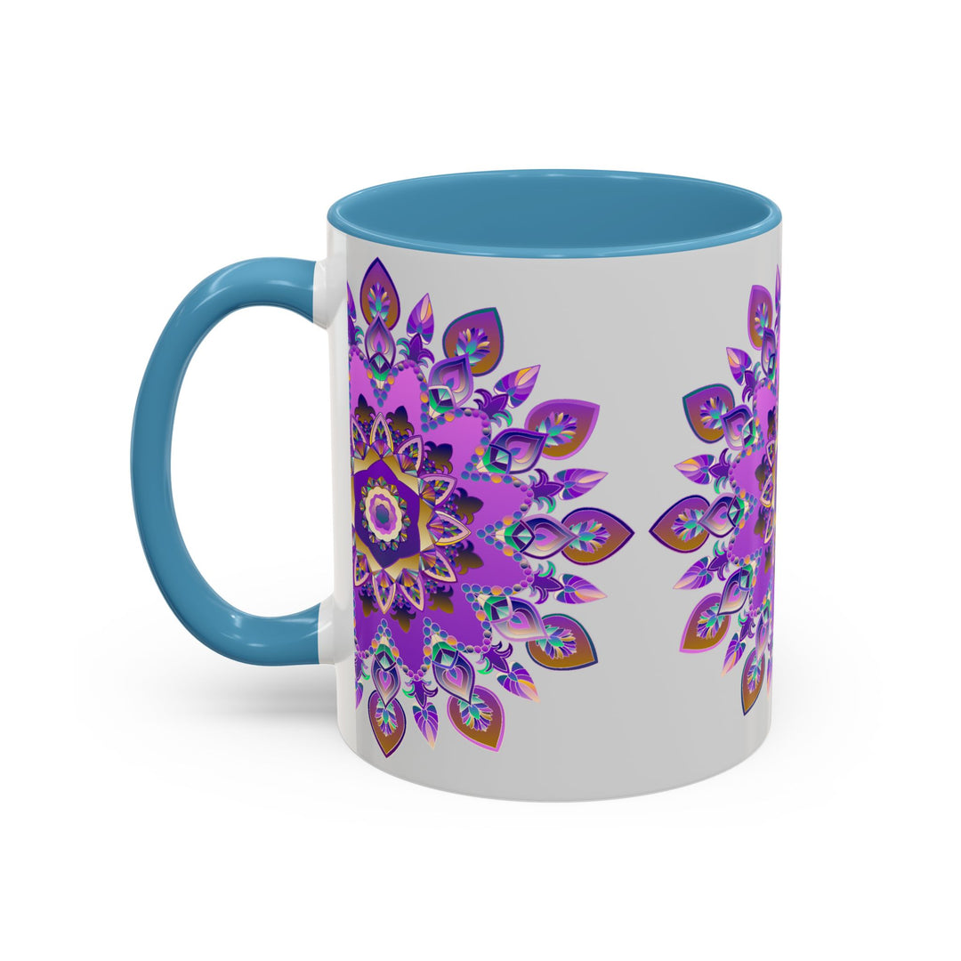 A beautiful purple and gold mandala mug featuring bohemian art design