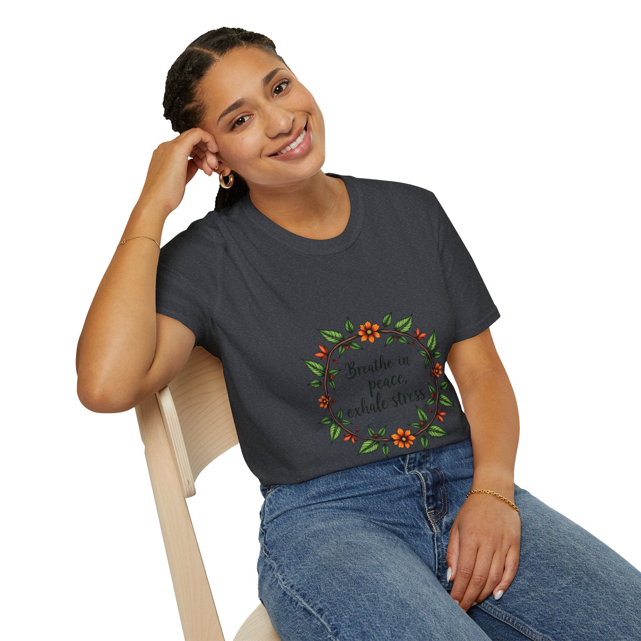 Beautiful floral garland t-shirt with calming message to breathe in peace and exhale stress