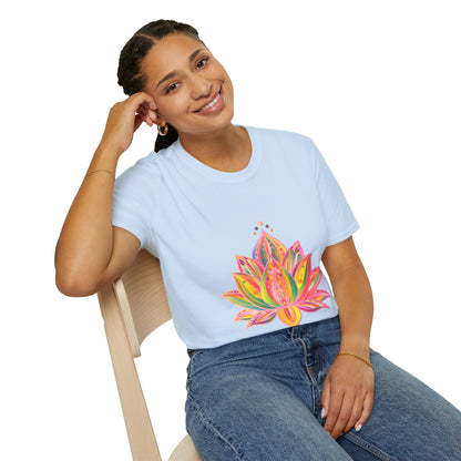 Lotus Mandala Unisex T-Shirt with Hand-Drawn Unique Design by Blululi, a stylish and comfortable wardrobe addition for men and women