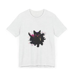 A bold and colorful Black Cat Mystery T-Shirt displayed on a mannequin