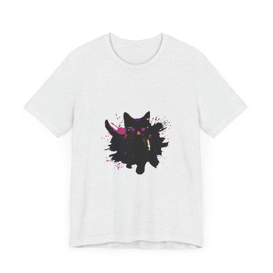 A bold and colorful Black Cat Mystery T-Shirt displayed on a mannequin