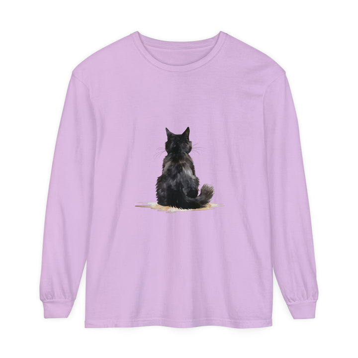 Black Cat Watercolor Unisex Long Sleeve T-Shirt featuring a beautiful watercolor design of a black cat on a high-quality, comfortable long sleeve shirt