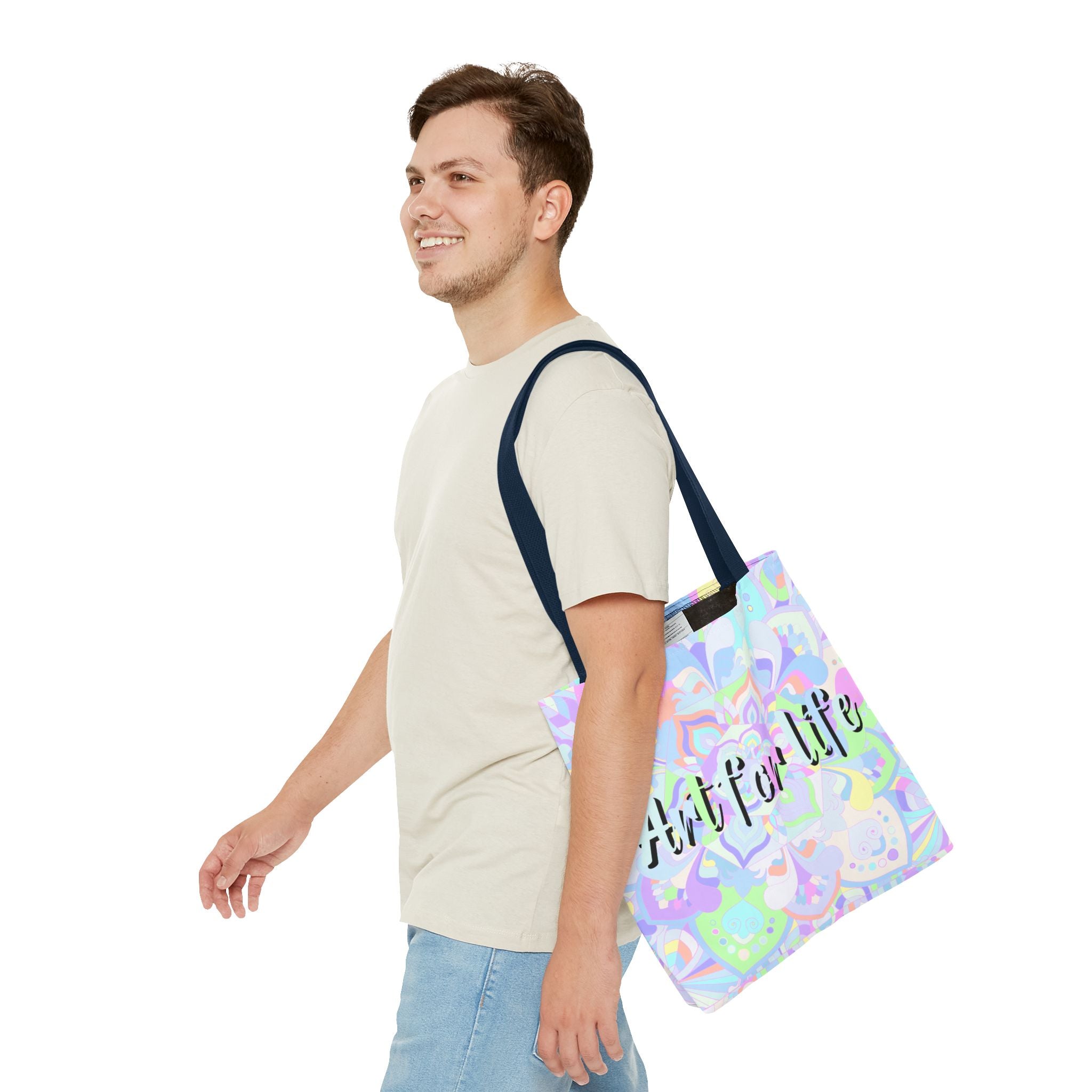 Colorful Mandala Tote Bag with 'Art for Life' Quote, perfect for carrying essentials and adding a touch of artistic flair to your everyday look