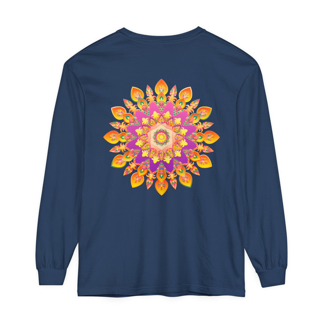 Colorful and intricate mandala design on a unisex long sleeve t-shirt