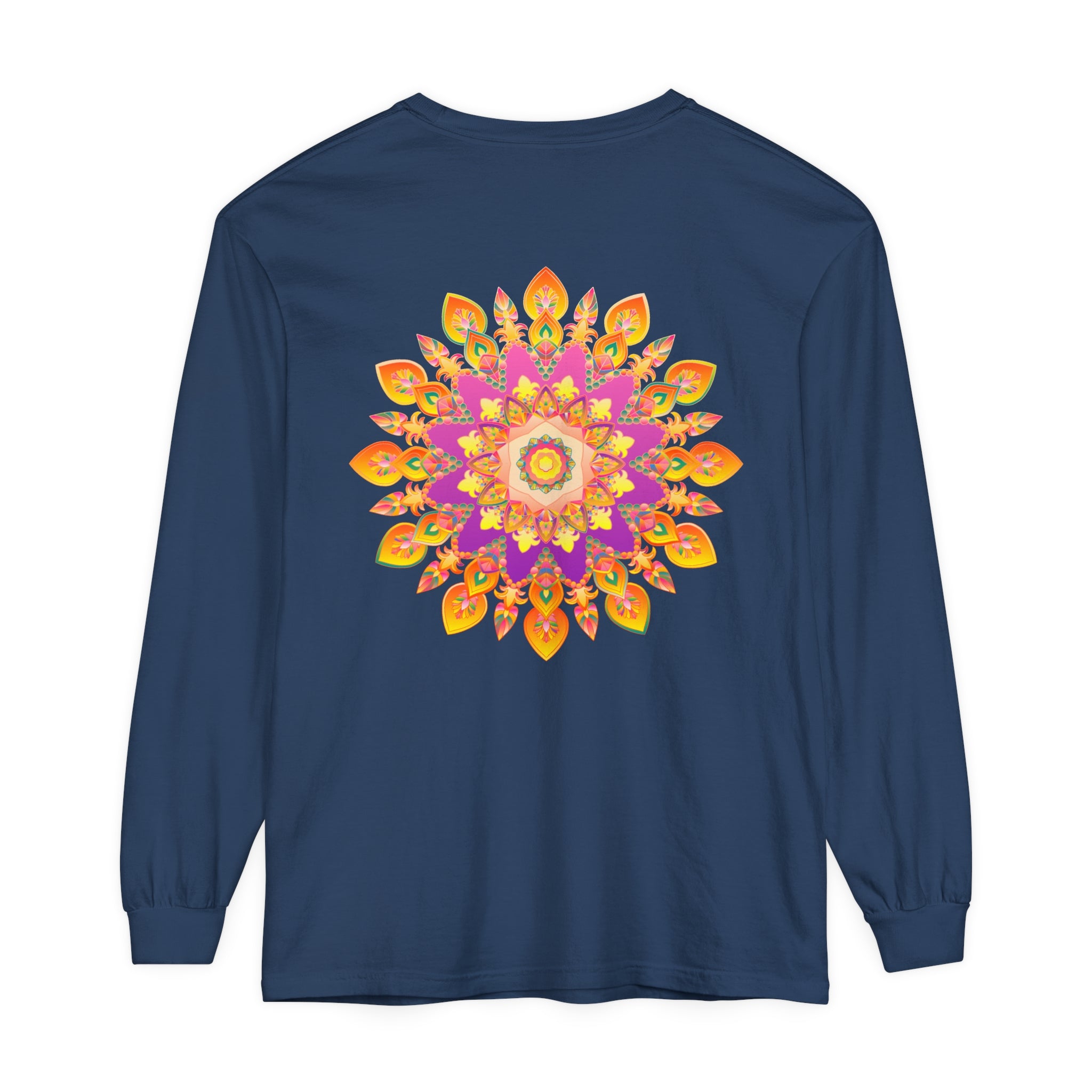 Colorful and intricate mandala design on a unisex long sleeve t-shirt