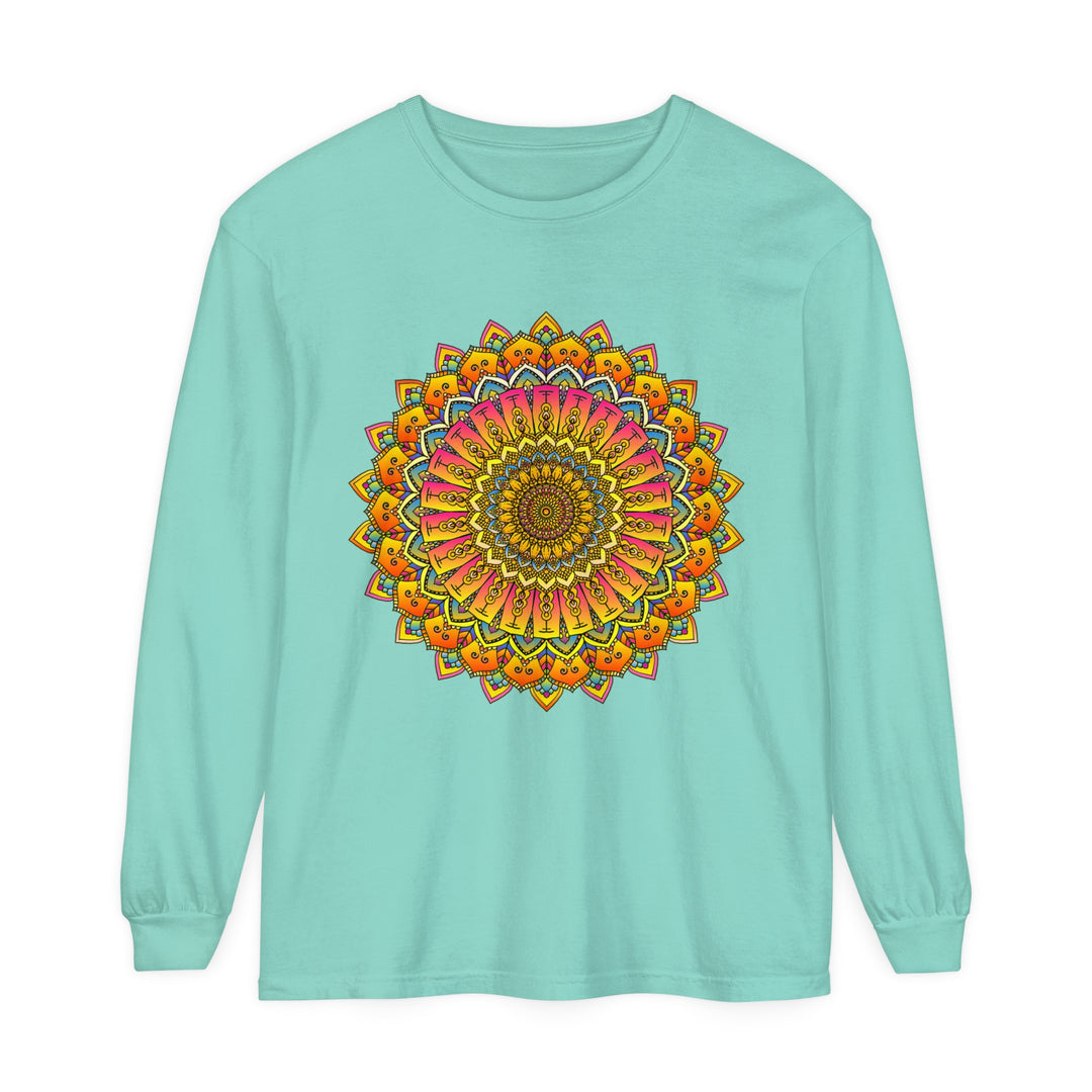 Versatile unisex t-shirt with vibrant mandala print on long sleeves