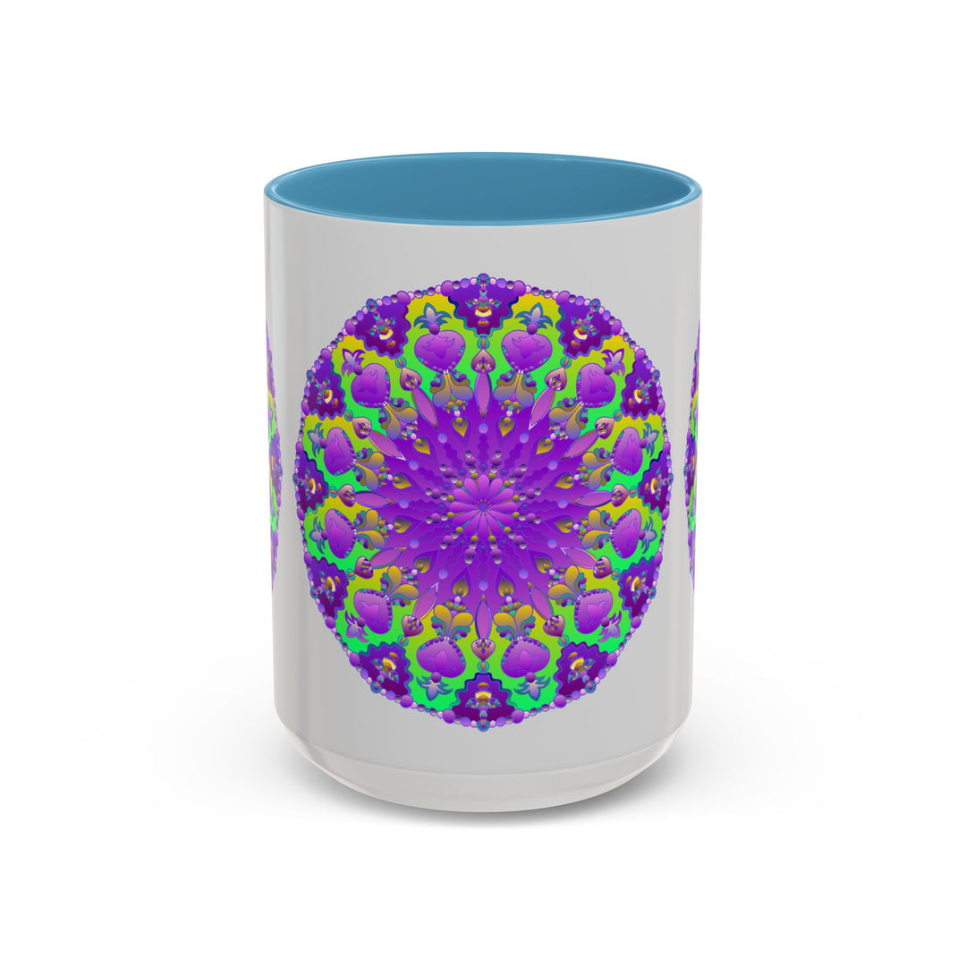 Beautiful purple mandala design adorns a vibrant art mug on a grey background