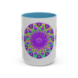 Beautiful purple mandala design adorns a vibrant art mug on a grey background