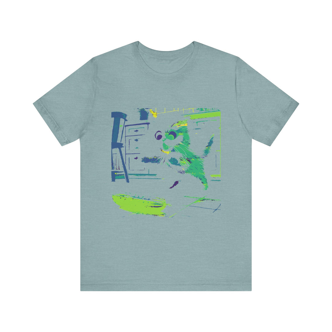 A black t-shirt with a neon silhouette of a cat jumping away in fear from a cucumber, creating a humorous and playful image