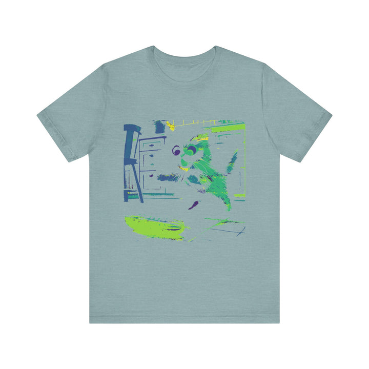 A black t-shirt with a neon silhouette of a cat jumping away in fear from a cucumber, creating a humorous and playful image