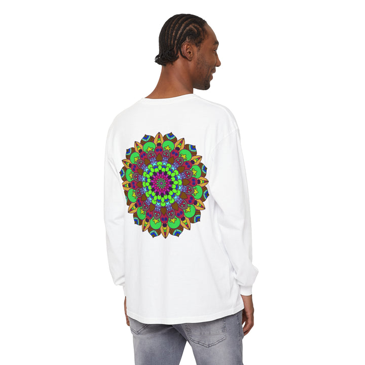 Colorful Mandala Unisex Long Sleeve T-Shirt with intricate geometric design and vibrant colors