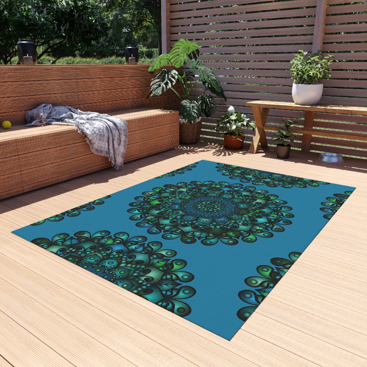 Blau-grüner Mandala-Outdoor-Teppich — Wetterfeste Terrassenmatte