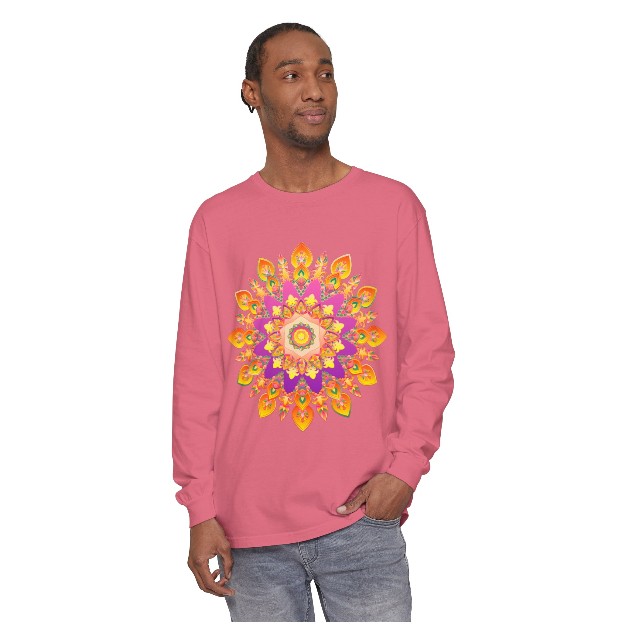 Vibrant Mandala Unisex Long Sleeve T-Shirt featuring intricate, colorful mandala design on comfortable, stylish shirt