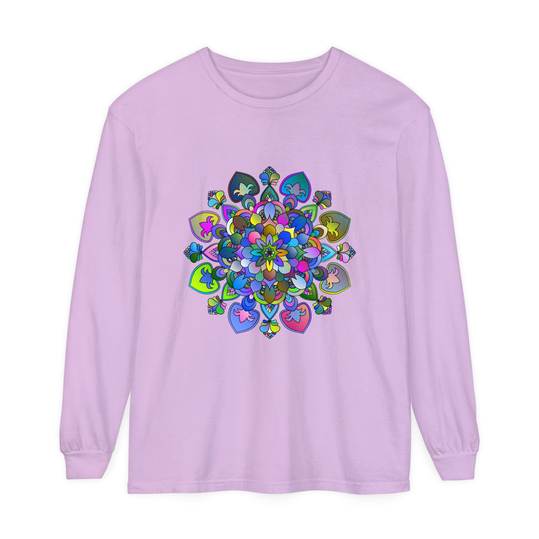 Colorful and intricate mandala design on a comfortable long sleeve t-shirt