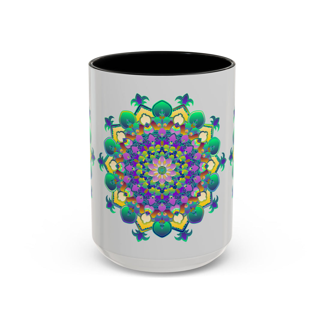 A light grey mug featuring a vibrant mandala art design, perfect for enjoying your favorite hot beverages in style