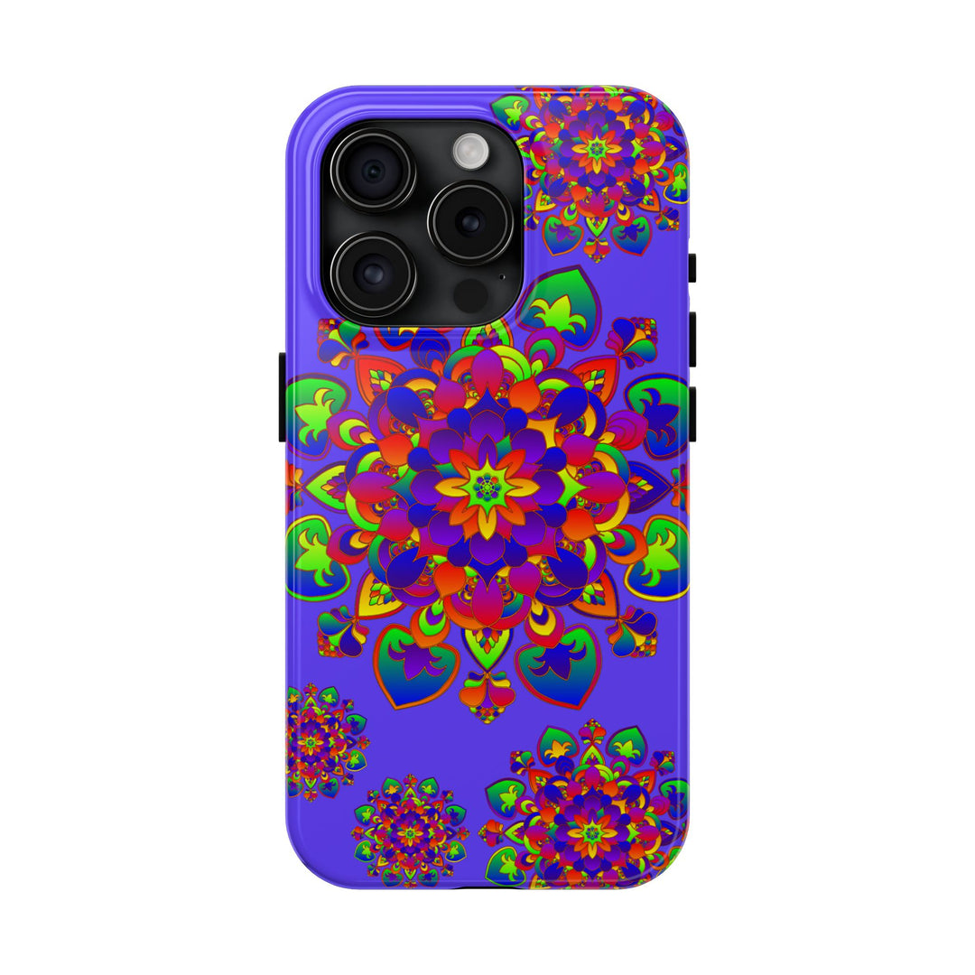 A hand-drawn mandala rainbow phone case, featuring intricate and colorful design