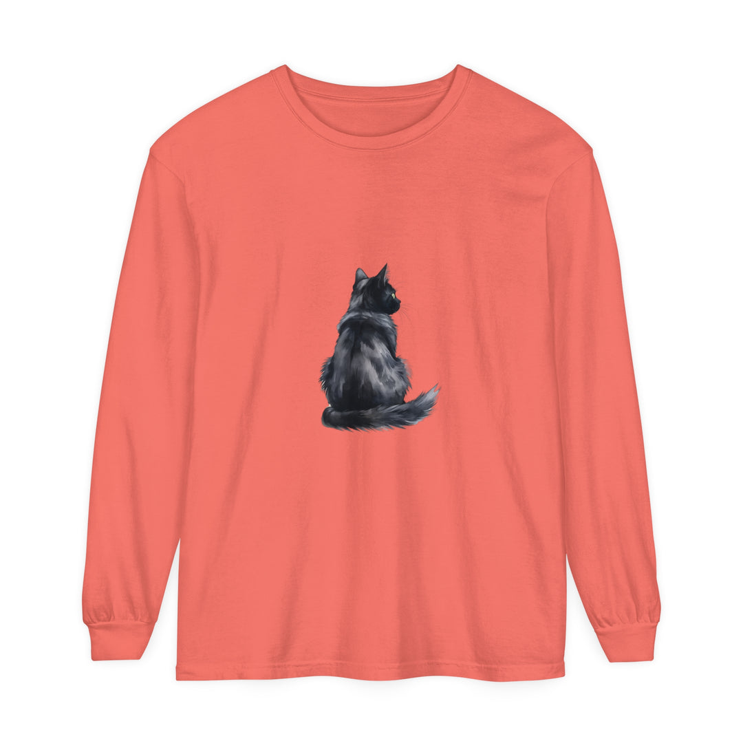 Black Cat Watercolor Long Sleeve T-Shirt featuring a detailed watercolor image of a black cat on a comfortable long sleeve tee