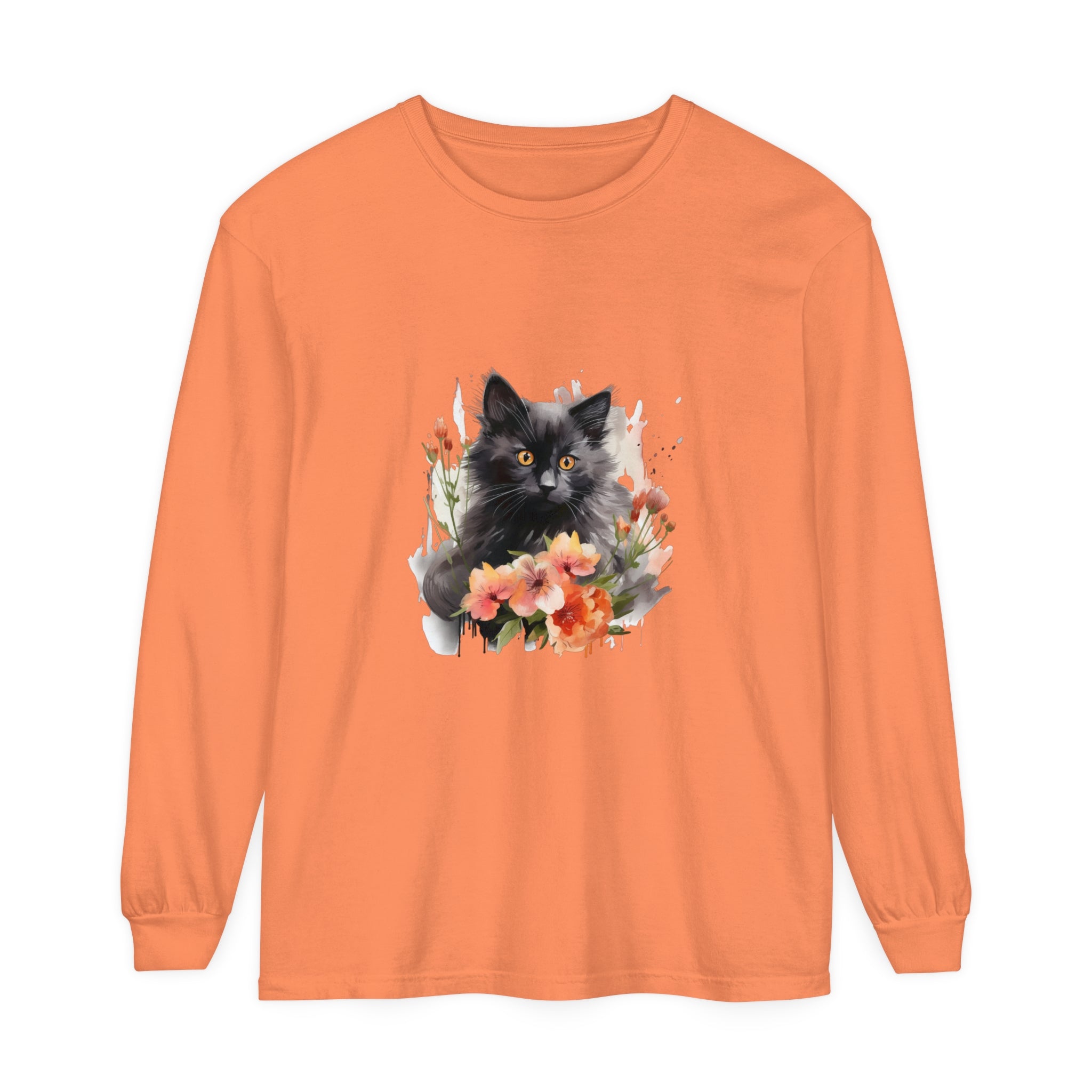 A beautiful black cat surrounded by vibrant flowers on a watercolor T-shirt