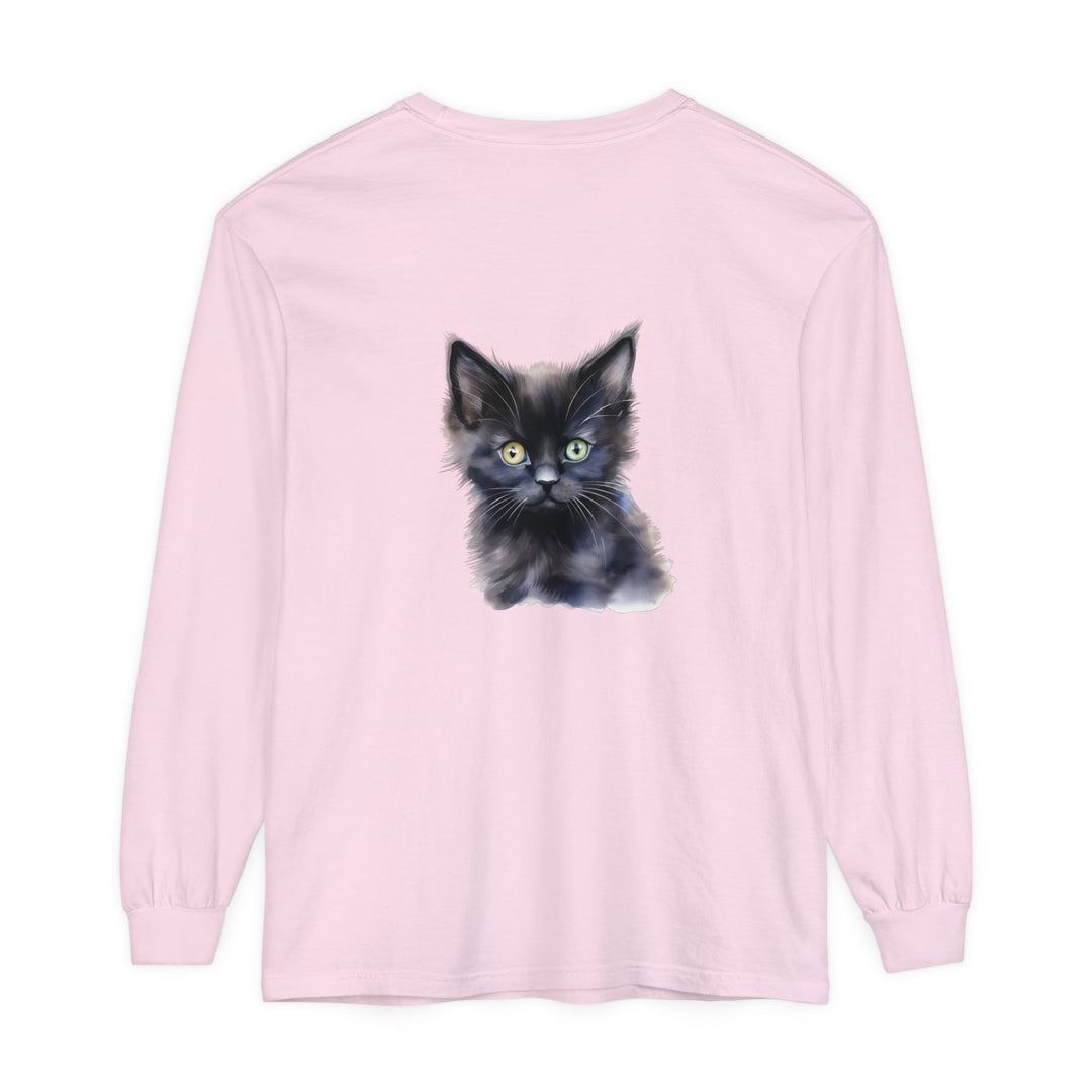 Black unisex long sleeve t-shirt with a mystical kitten design