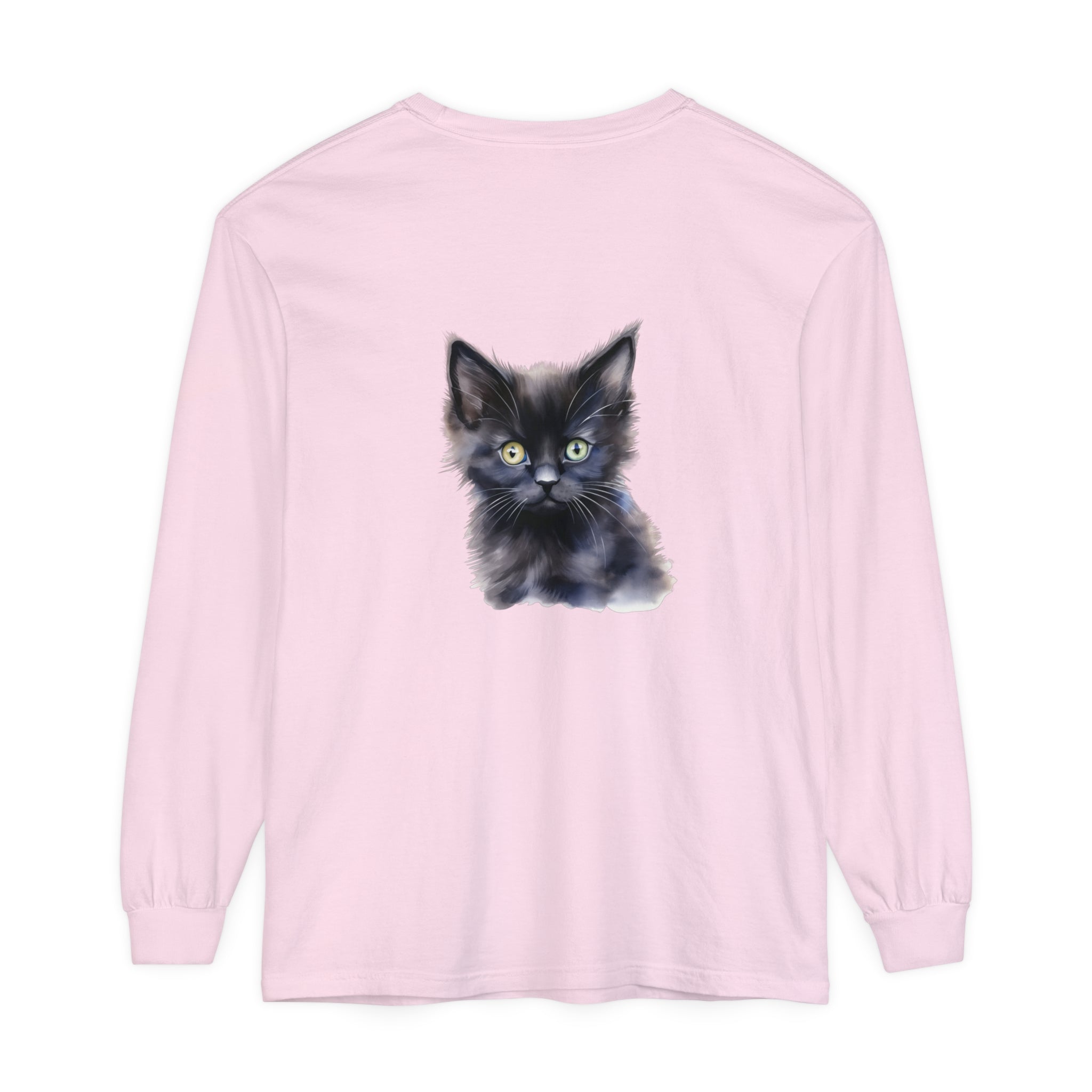 Black unisex long sleeve t-shirt with a mystical kitten design
