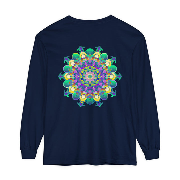 A beautiful and detailed mandala design long sleeve t-shirt in vibrant colors