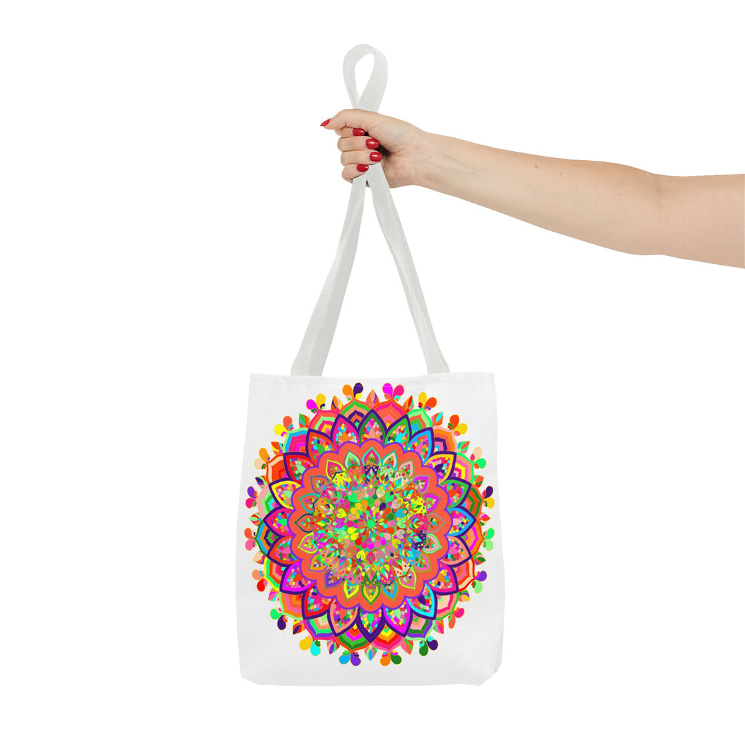 Spacious tote bag adorned with a striking and colorful mandala art