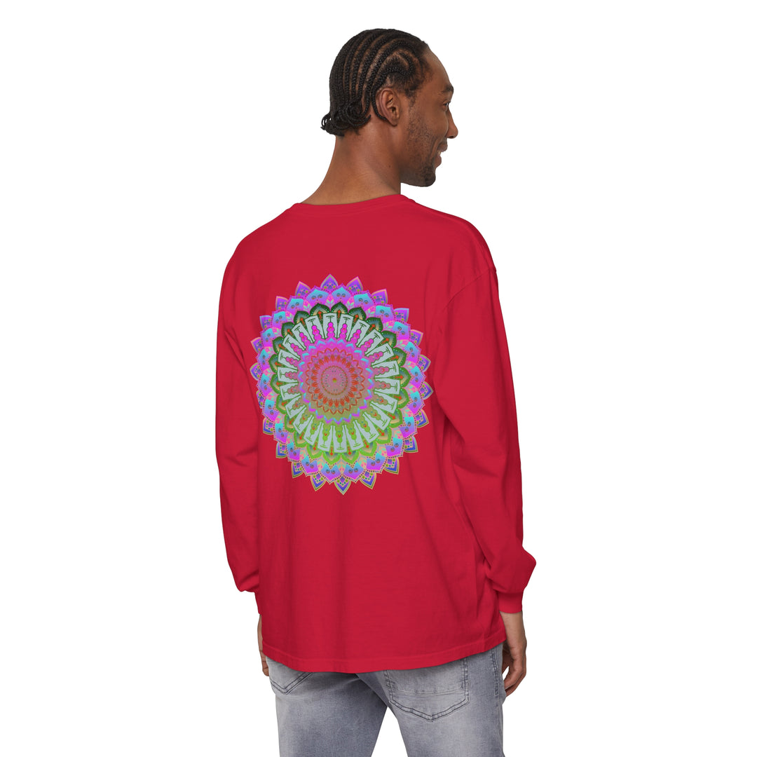 Colorful and intricate mandala design on a unisex long sleeve t-shirt