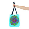 Vibrant and intricately patterned mandala art tote bag with colorful design