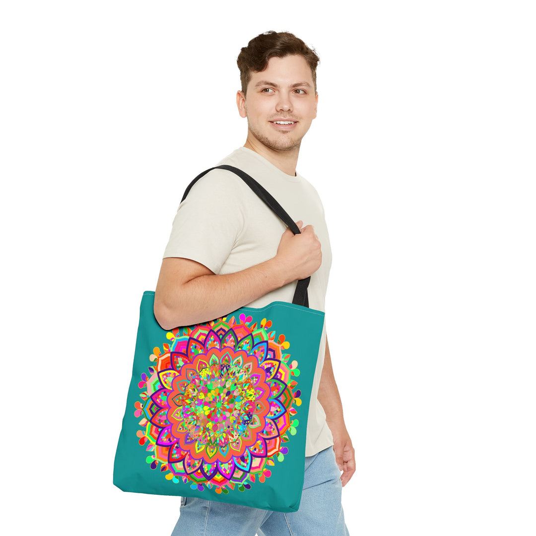 Colorful Mandala Art Tote Bag Acquamarine, a vibrant and eye-catching accessory for any outfit