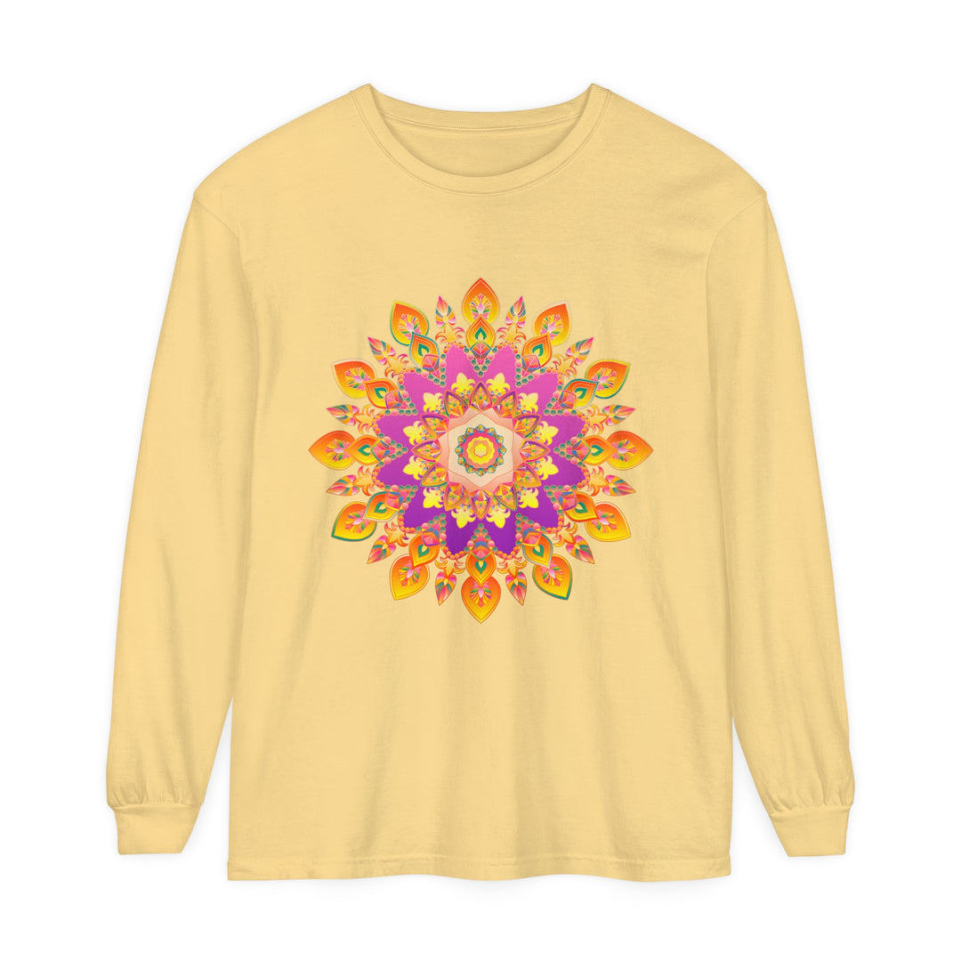 Colorful and intricate mandala design on a unisex long sleeve t-shirt