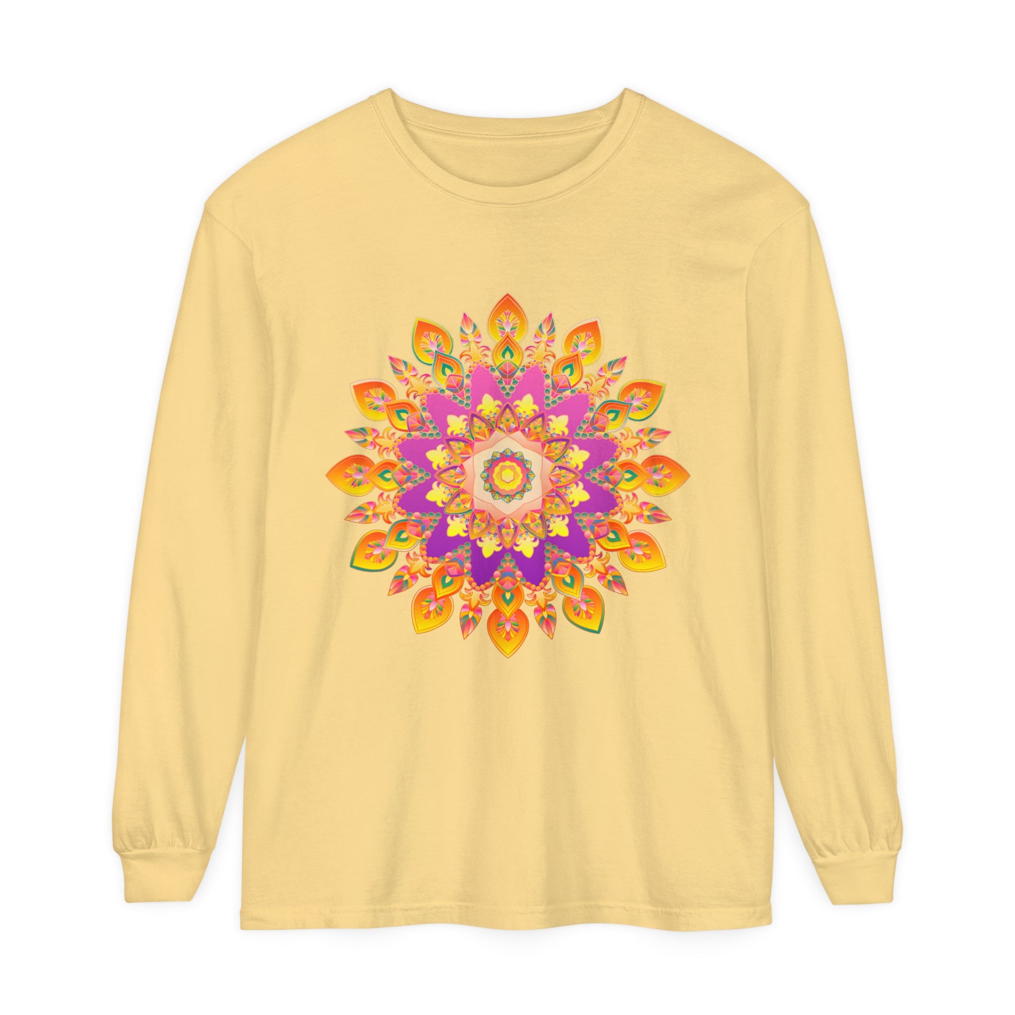 Colorful and intricate mandala design on a unisex long sleeve t-shirt