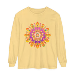Colorful and intricate mandala design on a unisex long sleeve t-shirt