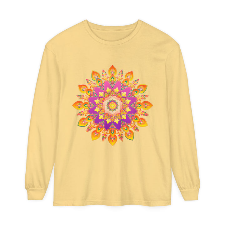 Colorful and intricate mandala design on a unisex long sleeve t-shirt