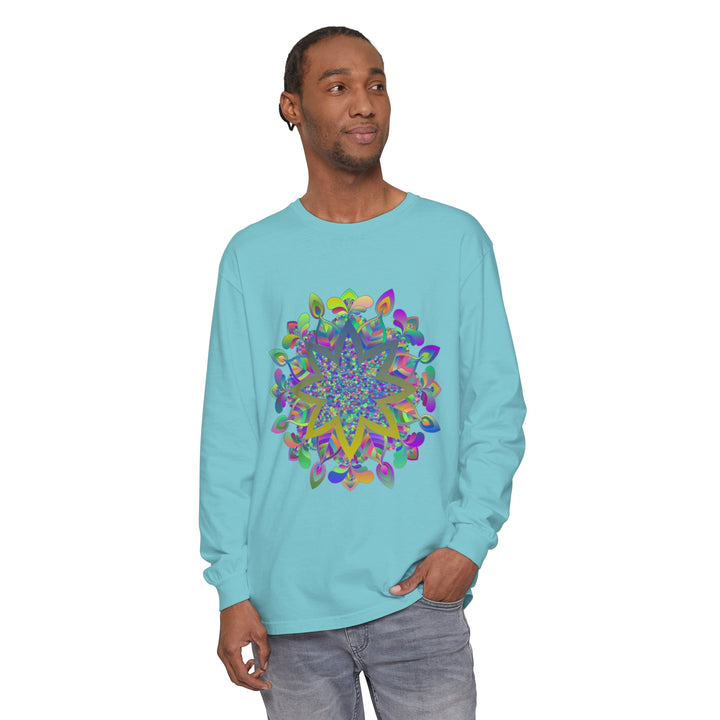 Colorful Mandala Unisex Long Sleeve T-Shirt featuring intricate, vibrant mandala design