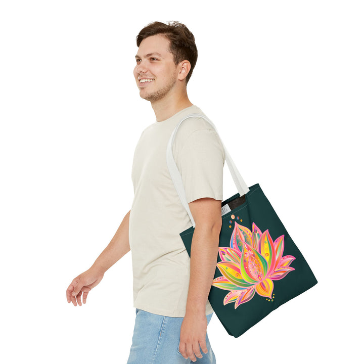 A beautiful mandala lotus tote bag with vibrant colors and intricate design