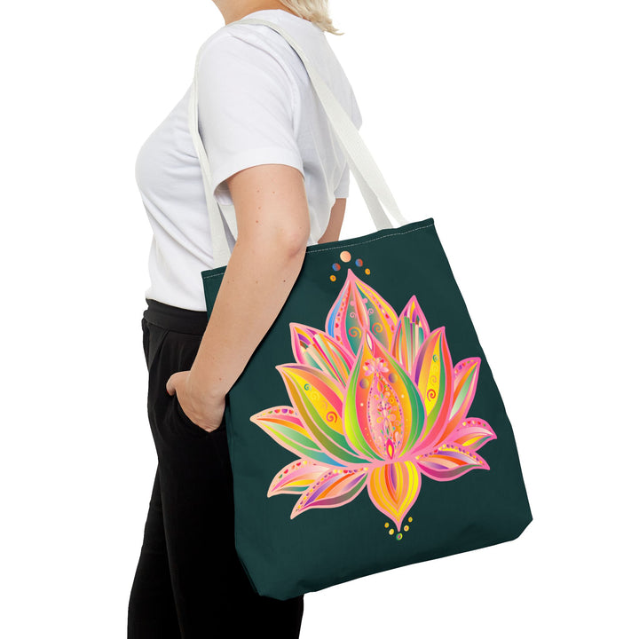 Colorful and intricate Mandala Lotus Tote Bag with floral design and spacious interior