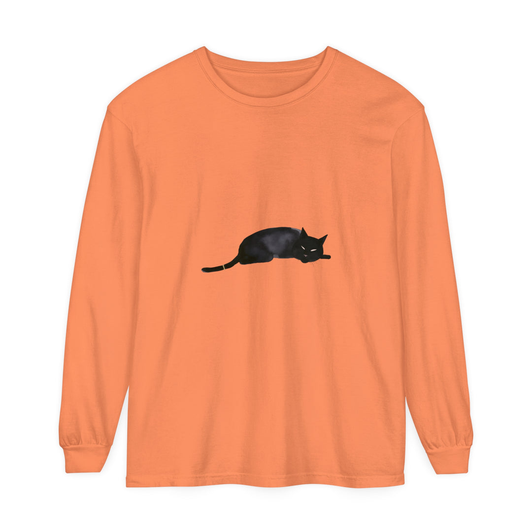 A comfortable black unisex long sleeve t-shirt featuring a sleeping cat design