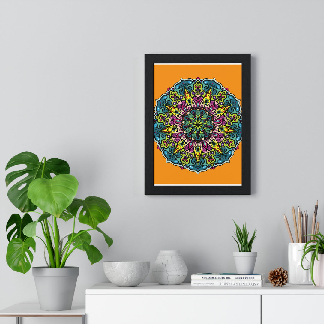 Vertical framed poster featuring a stunning hand-drawn orange mandala art