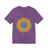 Vibrant Mandala Tee featuring a colorful geometric design in shades of red, blue, green, and yellow, creating a visually stunning and eye-catching t-shirt