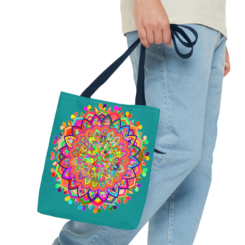 Beautiful aquamarine tote bag featuring a vibrant and intricate mandala art design