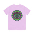 A close-up image of a black t-shirt with a mandala design and the words Mandala Peace Tee - Spiritual Harmony printed on it, symbolizing peace and spiritual unity