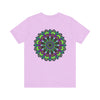 A close-up image of a black t-shirt with a mandala design and the words Mandala Peace Tee - Spiritual Harmony printed on it, symbolizing peace and spiritual unity