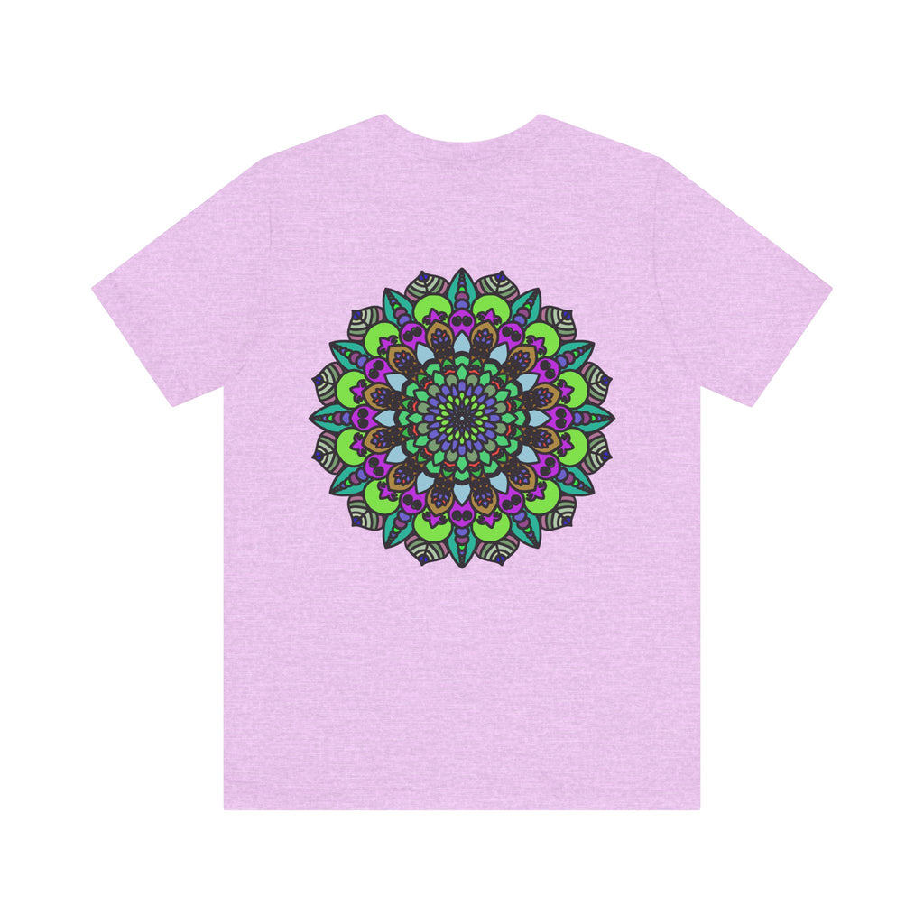 A close-up image of a black t-shirt with a mandala design and the words Mandala Peace Tee - Spiritual Harmony printed on it, symbolizing peace and spiritual unity