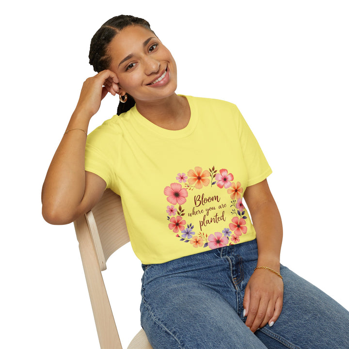 Beautiful t-shirt featuring a colorful floral mandala and a motivational quote