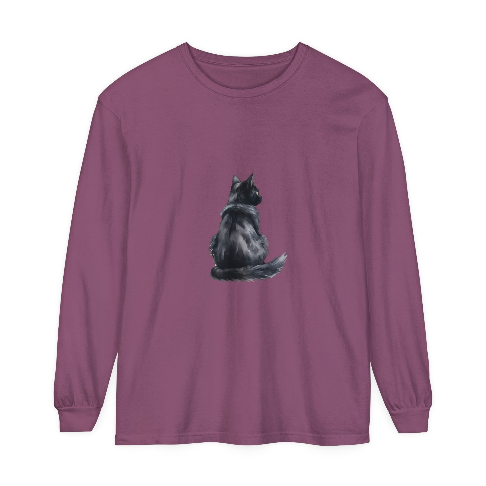Black Cat Watercolor Long Sleeve T-Shirt with a realistic watercolor cat design