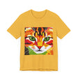 A unique and eye-catching Savanna Cat Abstract Art T-Shirt, featuring a beautiful and intricate design of a savanna cat in a vibrant and colorful abstract style