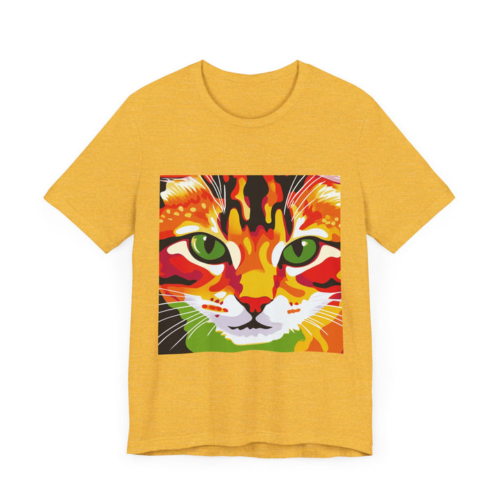 A unique and eye-catching Savanna Cat Abstract Art T-Shirt, featuring a beautiful and intricate design of a savanna cat in a vibrant and colorful abstract style